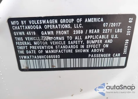 2017 Volkswagen Passat 1.8T S из США, поврежденный, VIN 1VWAT7A38HC085593